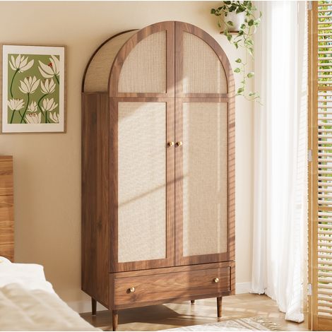 Armadio con cassetto 79x50x175 cm, ante in tessuto, finitura noce, HAVRYA (1/5)