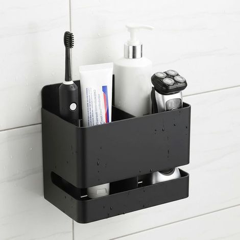 Porte-brosse à dents mural sans perçage , organiseur polyvalent pour salle de bain, dentifrice, rasoir, cuisine et bureau, adhésif en aluminium (noir, 2 emplacements) (1/5)
