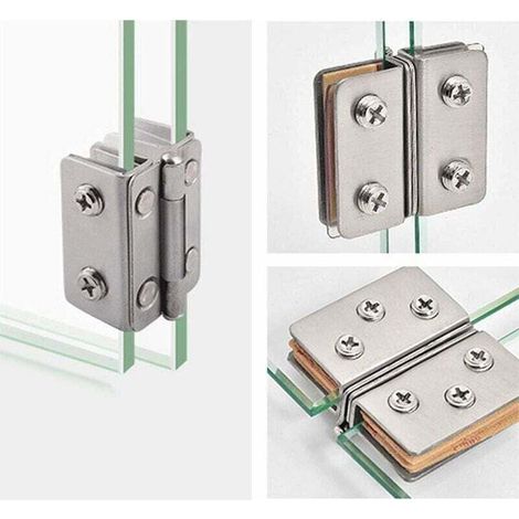 Quatre charnières de porte en verre en acier inoxydable, angle d'ouverture de 180°, adaptées à une épaisseur de verre de 5 à 8 mm.