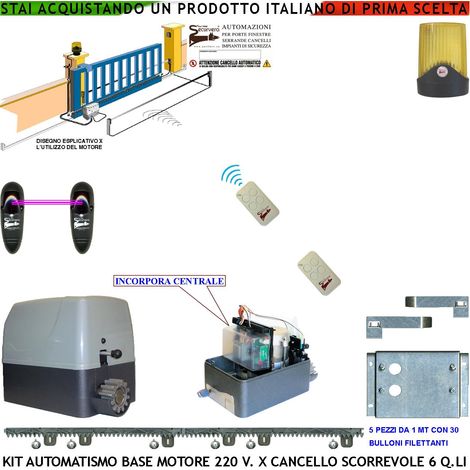AUTOMATISMO CANCELLO SCORREVOLE KIT MOTORE 220 V 250 W TRAINA 6 QUINTALI 2 RADIOCOMANDI 5 METRI CREMAGLIERA FOTOCELLULE (1/5)