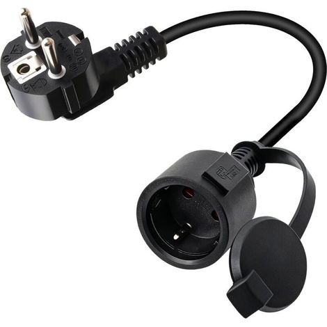 Rallonge Electrique 90 Degrés Extérieur, Coudé à 90° Type F, Indice de Protection IP44, avec Capuchon étanche, Prise Standard européenne adaptée à Une Utilisation intérieure et extérieure, 0.3M, Noir (1/5)