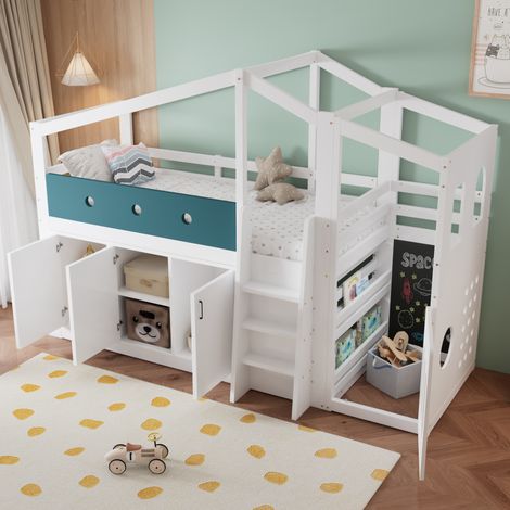 Letto a soppalco bambino 90x200 cm a forma di casetta con area gioco, armadio contenitore e scala, bianco (1/5)
