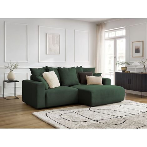 BOBOCHIC - Canapé d'angle convertible coffre ATILLA velours côtelé Angle droit Vert foncé (1/5)
