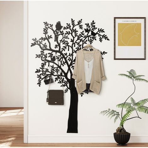 MEUBLIV Perchero mural árbol 120x175 cm negro de metal – 8 ganchos diseño aves (1/5)