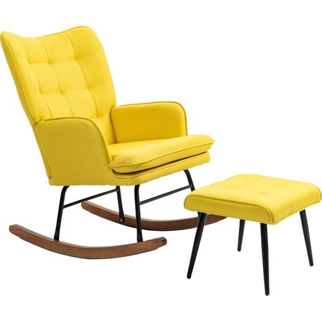 Sillón mecedora con reposapiés tapizado de poliéster amarillo para salón (1/5)