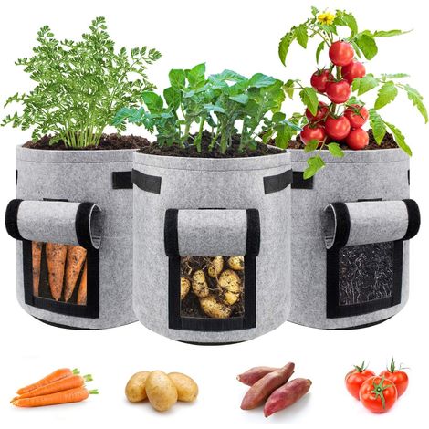 Lot de 3 sacs de plantation, pomme de terre, tissu non tissé, fenêtre velcro, poignées renforcées, jardin balcon (1/5)
