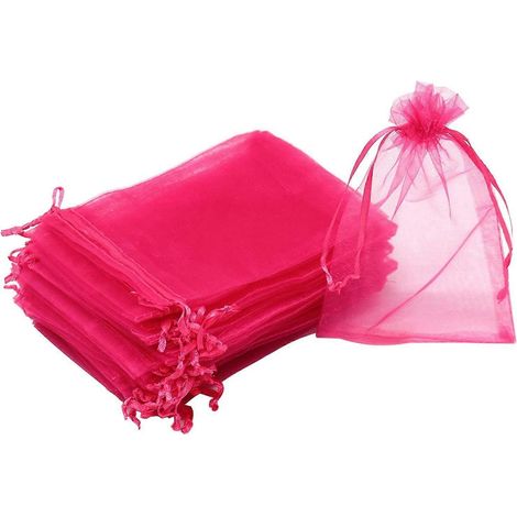 100 sachets en organza 10 x 15 cm, petits sacs à bijoux rose vif, sacs cadeaux en filet avec cordon de serrage, pochettes à bonbons de Noël, pour mariages et fêtes. (1/5)