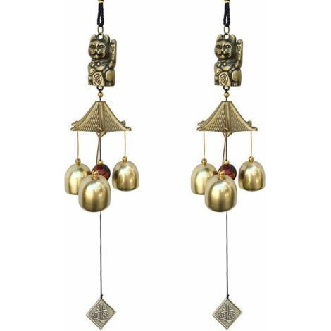 Lot de 2 carillons éoliens porte-bonheur décoration vintage cloches porte-bonheur chat suspendu pour l'école, le dîner pub, la réception, le jardin, marron, 9 x 6 x 6 (1/5)