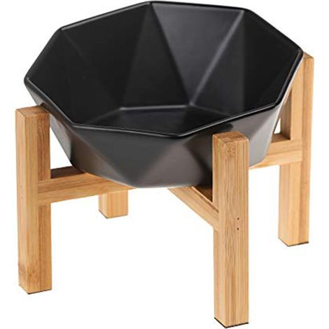 Gamelle incliné noir pour Chien et Chat Céramique avec Support en Bambou
