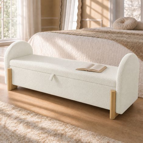 Banc de lit 146cm avec rangement hydraulique, blanc, banc rembourré en tissu chenille bouclé, coffre de siège, fermeture douce, pieds en U en bois d'hévéa, charge 150kg (1/5)
