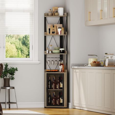 Étagère d’Angle 5 Niveaux avec Porte-Gobelets, Meuble d’Angle Industriel avec Étagères Réglables pour Salon Cuisine, Gris (1/5)