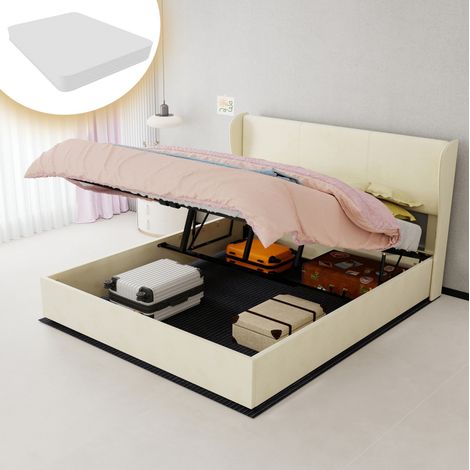 Lit moderne rembourré en tissu beige 160x200 cm avec tête de lit douce, structure en métal