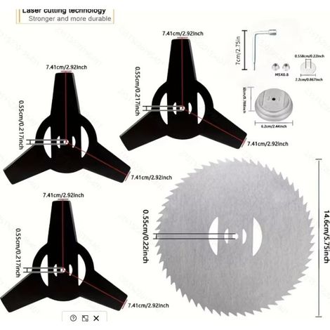 9-teiliges Set: 3-Zahn-Klingen, Spitzklinge, Aluminiumhalterung, Schraubenschlüssel, Muttern und Unterlegscheiben für Lithium-Freischneider (1/5)