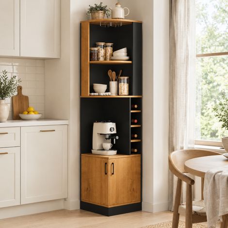 OKMYHOME Eck-Weinschrank mit Gläserhalter, MDF schwarz, 40 x 40 x 182 cm (1/5)