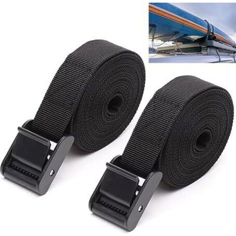 Lot de 2 sangles d'arrimage - 25 mm x 2 m de long - Noir - Design pointu - Sangle de fixation réglable avec boucle de serrage - Pour vélo, moto, bagages - Camping (noir)