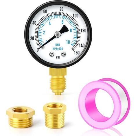 Pair 0-10 bar/0-150 psi Manomètre pour pompe de puits, cadran 2\", 1/4\" BSP, avec 2 douilles hexagonales en laiton 3/8\" à 1/4\" et 1/2\" à 1/4\", montage inférieur eau huile air (1/5)