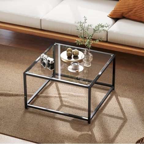 Mesa de centro cuadrada negra 68 x 68 x 39 cm, cristal templado y acero MEUBLIV (1/5)