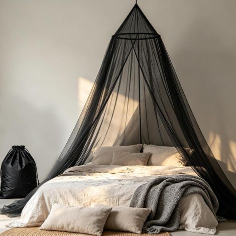 Grande moustiquaire pour lit double - 60 x 250 x 1200 cm - Noir - Pour lit double - Maille fine - Avec sac de rangement - Rideau anti-insectes avec crochets adhésifs (noir)