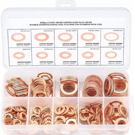 royaluxe - Cuivre Rondelles Metal, Joints Bague D'étanchéité, Rondelles Plates, Joint Torique avec Boîte pour L'étanchéité - 200 Pcs/M5 M6 M8 M10 M12 M14 (1/5)