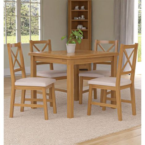 Hallowood Furniture Waverly Extendable Oak Dining Table and Chairs Set 4, Rectangular Small Kitchen Table and Chairs with Cross Back and Beige Fabric Padded Seats for Home and Café