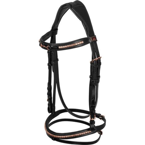 Pony, Nero: Testiera inglese in cuoio modello Snaffle Rose Gold con filetto decorato in oro rosa
