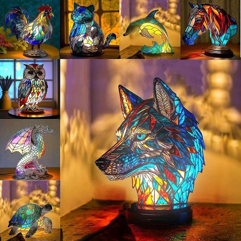 Lampe de table animaux série 2024, lampe de table rétro, lampe de chevet/veilleuse en vitrail représentant un loup, un cheval, un lion, un éléphant, un dragon, un dauphin, un chat, un hibou ou une tor (1/5)