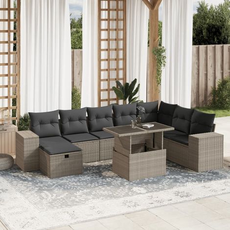Set muebles jardín 9 pzas y cojines ratán sintético gris claro vidaXL (1/5)