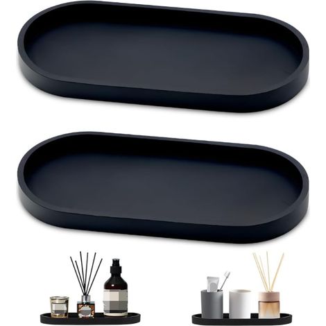 Juego de 2 bandejas organizadoras para baño (25 x 11 x 2 cm), bandeja decorativa de silicona para perfumes, bandeja ovalada para cosméticos, bandeja para tocador, color negro. (1/5)