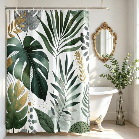 Rideau de Douche Anti Moisissure, 90x200cm, Vert Tropical Luxe Feuillage Doré, Tissu Polyester Imperméable, pour Salle de Bain, avec Crochets (1/5)