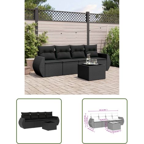The Living Store Salon de jardin 5 pcs avec coussins noir résine tressée - Ensemble Salon De Jardin - Meuble De Jardin - Salon De Jardin Design - Mobilier De Jardin Moderne - Set Salon Exterieur (1/3)