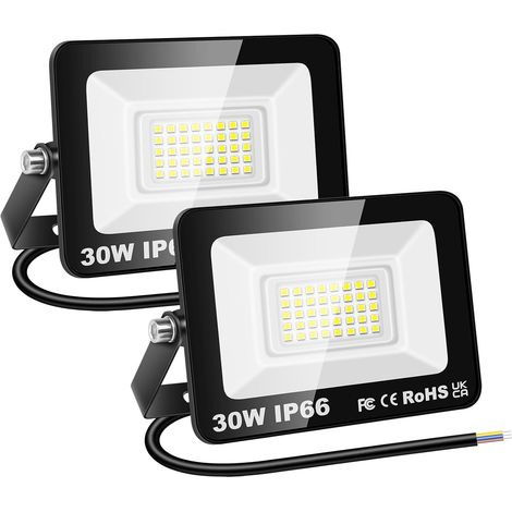 2x 30W Projecteur d'extérieur Led, Luminaire Exterieur, 3000LM IP66 étanche Éclairage de Sécurité, Projecteur led lampe de Patio Garage Terrasse Jardin Chantier, 6000K Blanc Froid