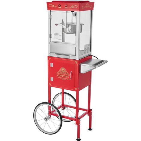 Machine à Popcorn avec Chariot, Chaudron Inox 0,2kg, 800W, 48 Goblets par Lot, Porte Vitrée PC, 2 Boutons, 1 Louche, 3 Cuillères, Rouge (1/5)