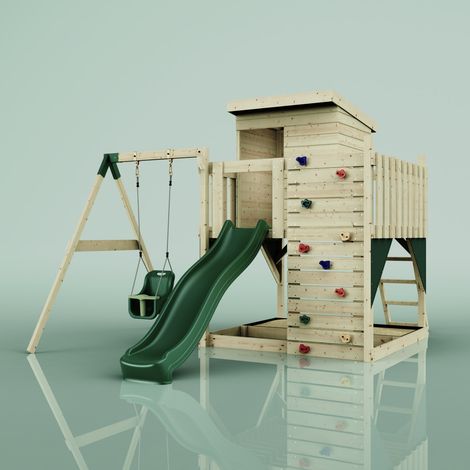 Polarplay – Tour de jeux Alma vert 415 x 306 cm – Balançoire bébé avec poids max 50 kg – Toboggan 220 cm – Hauteur 260 cm – Pour usage domestique