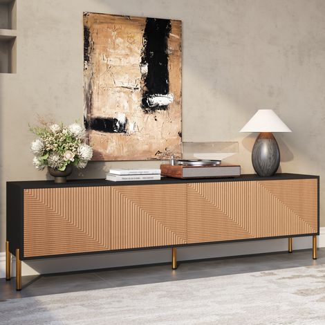 Meuble TV moderne 179x35x53,5 cm - 4 portes - Pieds en métal - Design sans poignées - Panneaux de particules - Naturel et noir (1/5)