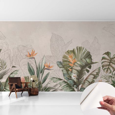 Selbstklebend Tapete - Wandgestaltung - Tapete Wohnzimmer - Flur Eingangsbereich Tropische Blumen 416x254 cm (1/5)
