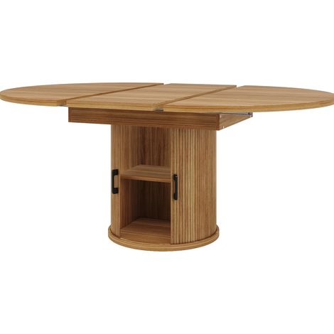 Mesa de comedor extensible redonda MDF color nogal 118-158 cm con almacenamiento (1/5)