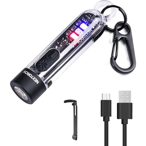K40 Wiederaufladbare UV- und Rot/Blau-Blitz-Schlüsselanhänger-Taschenlampe 300 Lumen EDC 3 Modi [Energieklasse A]