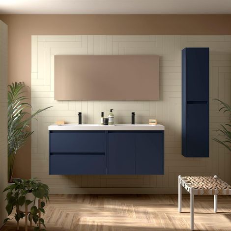 Meubles de salle de bains NOJA 1400 2 portes et 2 tiroirs BLUE SATIN + Plan vasque (1/2)
