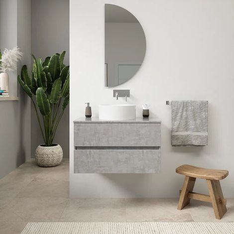 Meuble de salle de bain suspendu 60 cm effet béton clair avec plateau Yili (1/4)