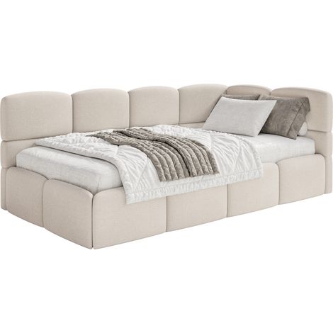 Selsey Cloudy – Jugendbett 120x200, Kopfteil rechts, Matratze & Bettkasten, Chenille Cremeweiß