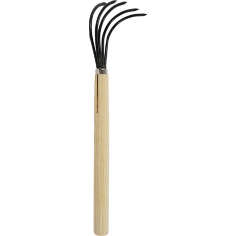 Râteau à main à 5 griffes avec long manche en bois, outil de jardinage indéformable, idéal pour ameublir ou désherber le sol. (1/2)