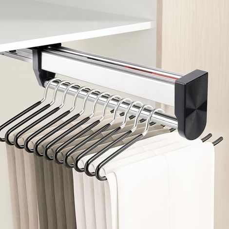 Barra telescópica de acero inoxidable de 442 mm para colgar ropa: barra ajustable para armario para colgar pantalones y otras prendas (negra). (1/5)