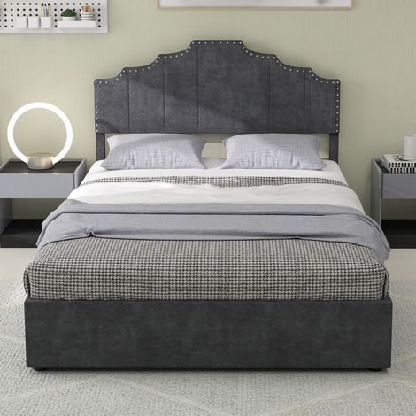 Lit moderne avec tête de lit confortable 160x200cm gris sommier coffre haut tige pneumatique matelas non inclus