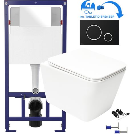 White Square Rimless Wall Hung Toilet & 1.12m Concealed WC Cistern Frame Set - Matt Black/Chrome Plate