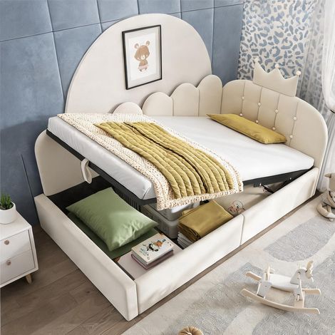 Cadre de lit beige en velours 199 x 96 x 96 cm (1/5)
