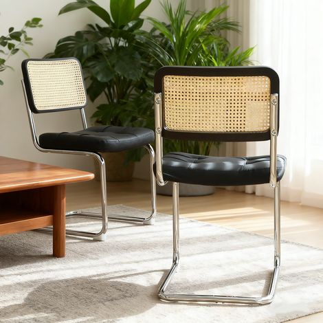 Lot de 2 chaises à manger Breuer milieu du siècle rembourrées pour salon et espace repas.(HA) en simili cuir avec pieds chromés (1/5)