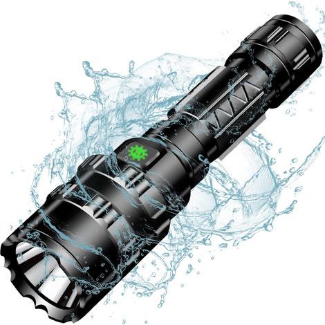 Linterna LED AIDUCHO L2 con 5 modos, cargador USB, ultrabrillante de 2400 lúmenes, potente linterna táctica para acampar y hacer senderismo, incluye baterías recargables 18650. (1/4)