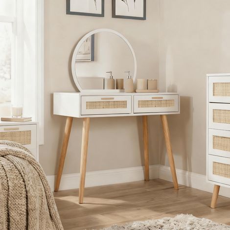 Dressing Table With Circular Mirror 2 Rattan Front Drawers Bedroom Vanity Table (1/5)