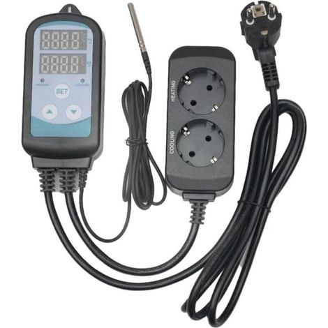 Prise Thermostat Numérique avec 2 Relais 220V Sonde, Controleur Température Chauffage Refroidissement pour Terrarium,Reptile,Incubateur,Serre,Couveuse,Brassage (1/2)