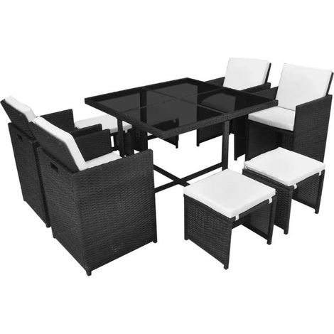 Table carrée et 4 chaises de jardin résine tressée noir Iris 2 (1/5)